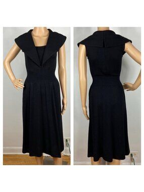 Vtg St John Black Santana Knit Midi Dress w/ Pockets Sz 4 Modern 2 Sailor Collar